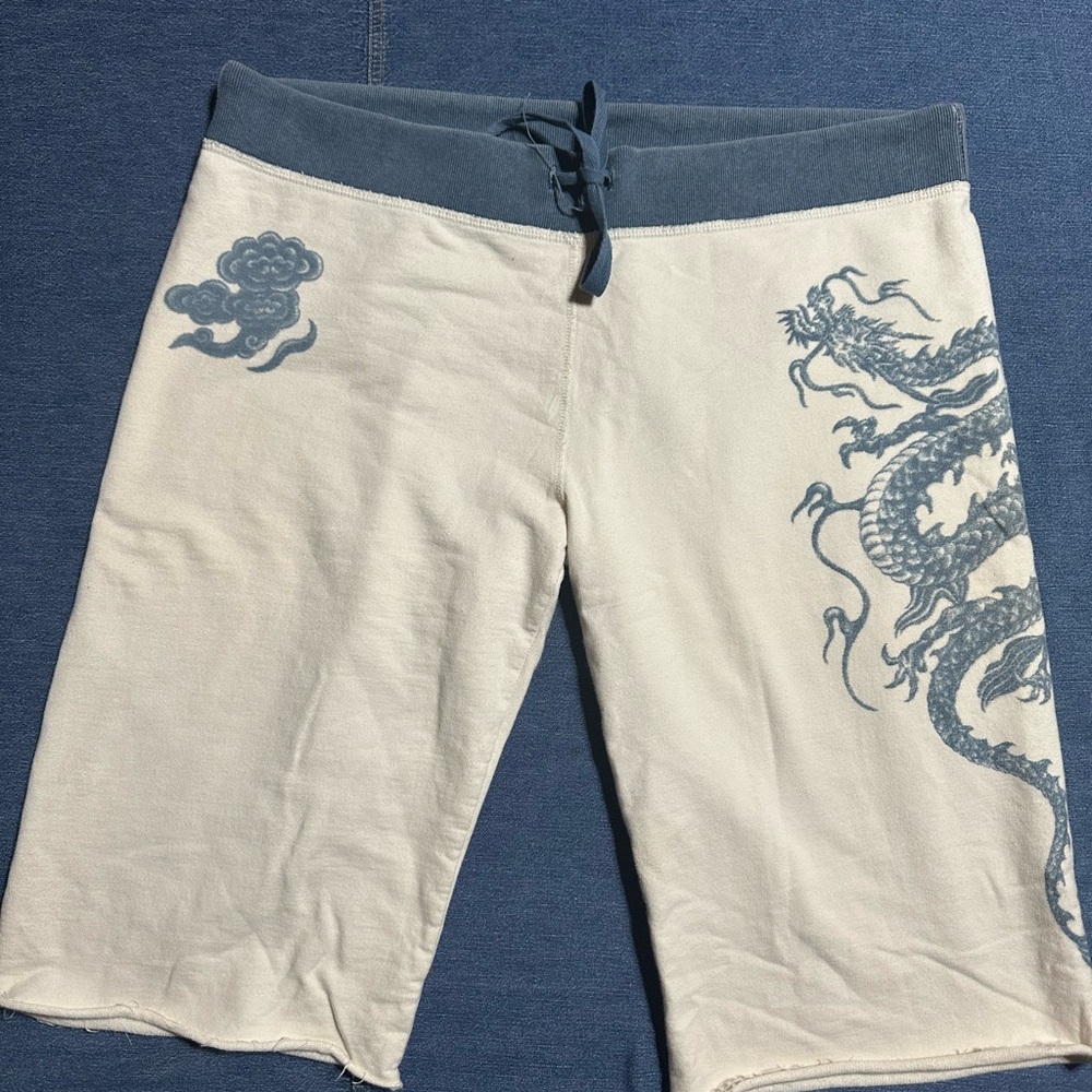 VINTAGE Lucky Brand Cream and Blue Dragon Board Shorts